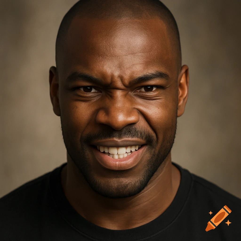 Close-up photorealistic portrait of a dark-skinned man with a bald head and a beard, making a scrunched, slightly defiant smiling face.