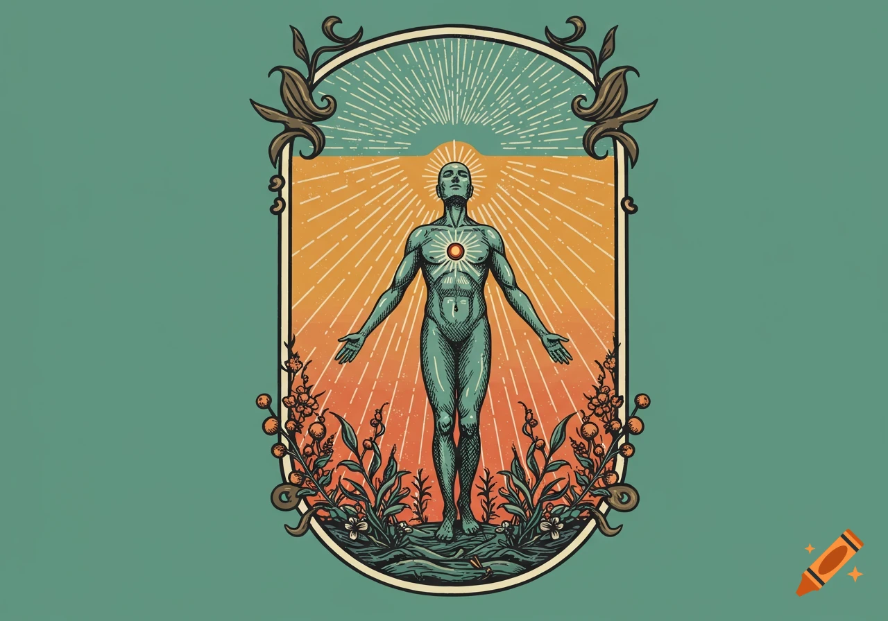 A stylized human figure with arms outstretched and light from its chest, surrounded by plants, within an ornate vintage badge illustration.