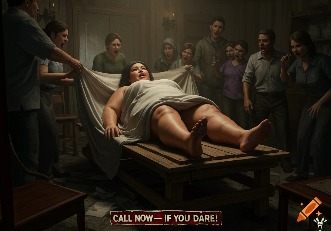 A dark, unsettling scene in a funeral home, where a diverse group of people gasp in shock and horror as a sheet is pulled back from a large woman lying stiffly on a wooden table. Text at the bottom reads: "CALL NOW — IF YOU DARE!"