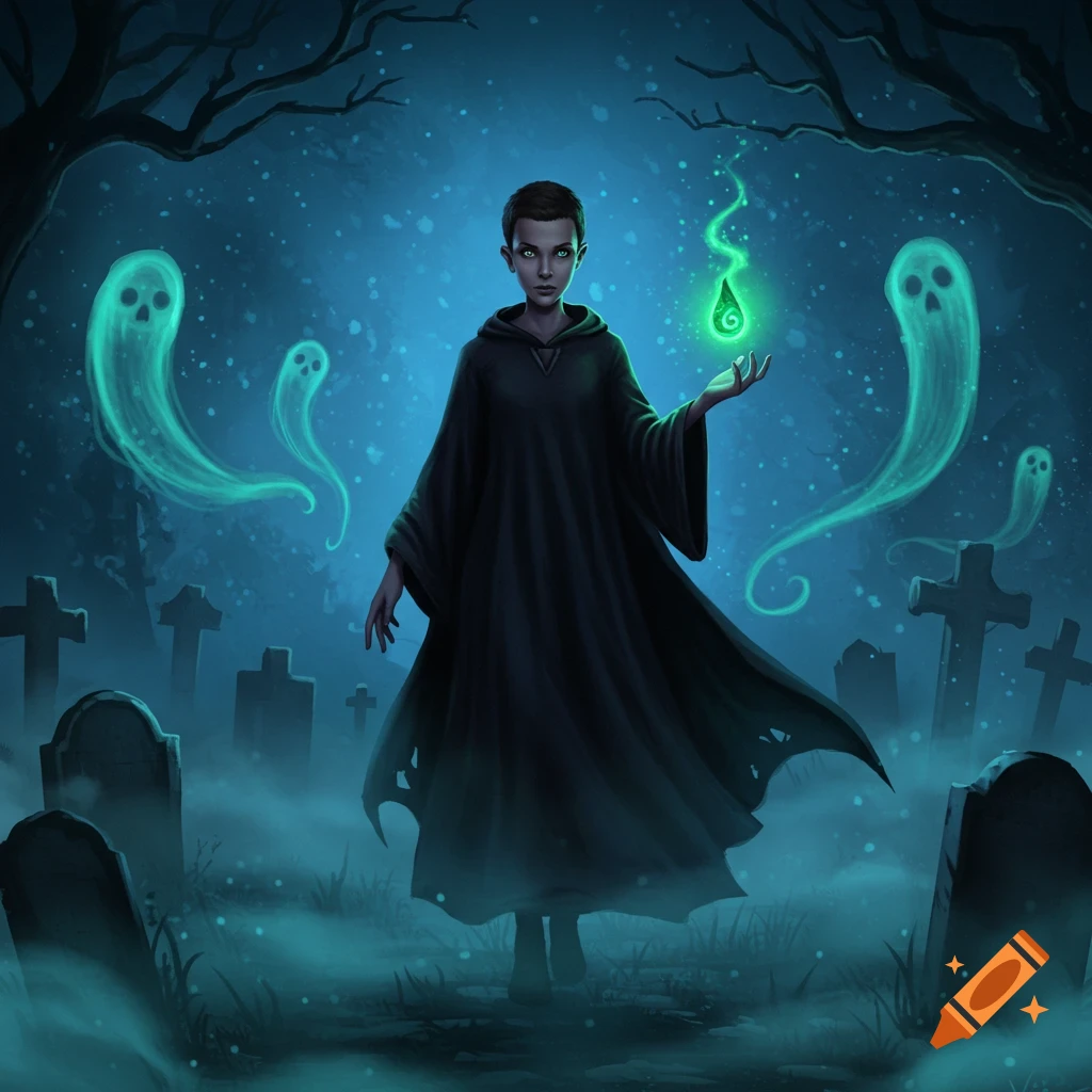 A young necromancer, resembling Eleven, stands in a misty graveyard, holding a glowing green orb with ghosts floating around.