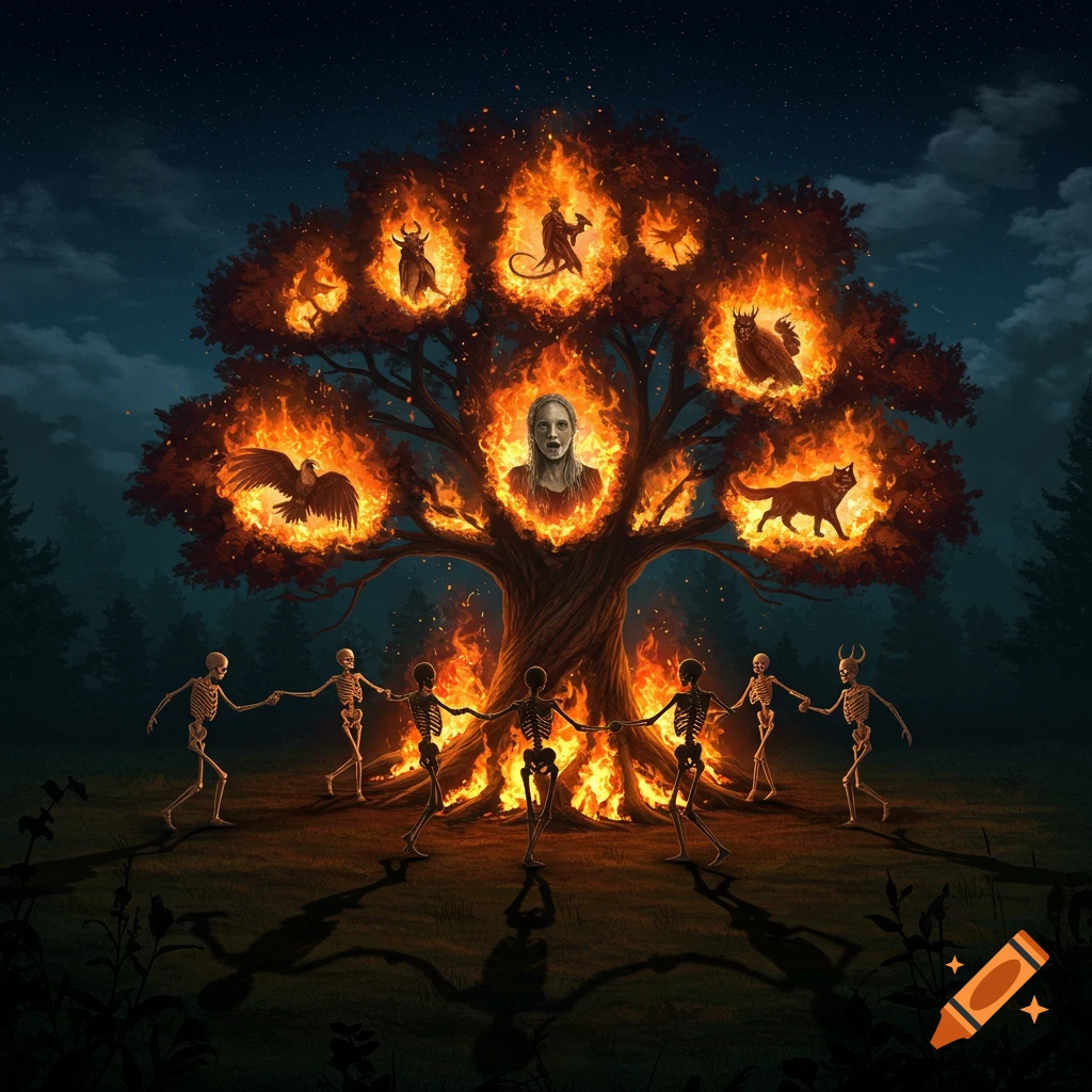 Skeletons dance around a burning tree at night, with figures of a screaming woman, eagle, dragon, and wolf visible in the flames.