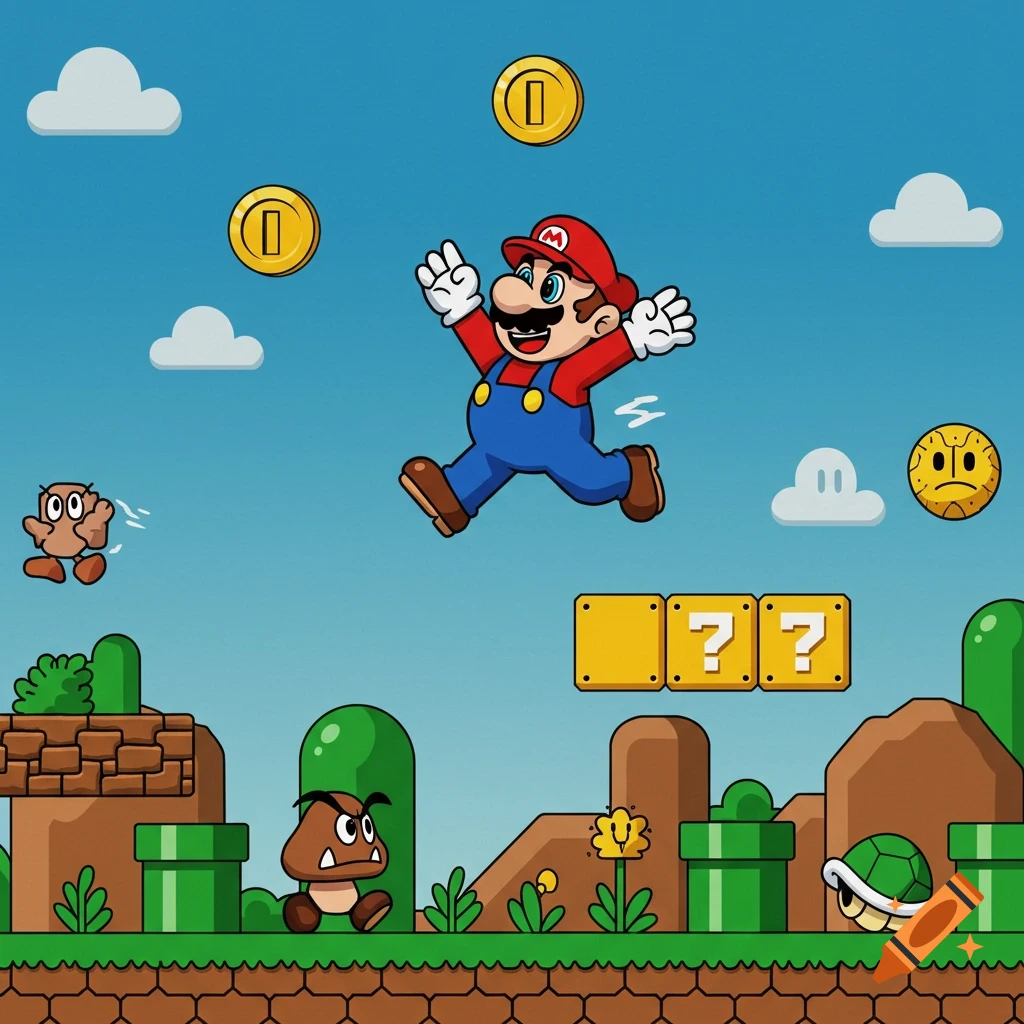 A colorful Super Mario Bros. cartoon scene with Mario jumping, two Goombas, a Koopa Troopa, coins, and question blocks on a blue sky background.