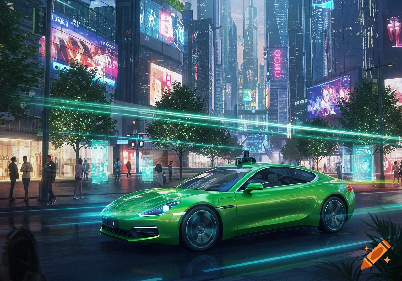A green autonomous car drives through a vibrant, neon-lit futuristic city with pedestrians on sidewalks. Photorealistic style.