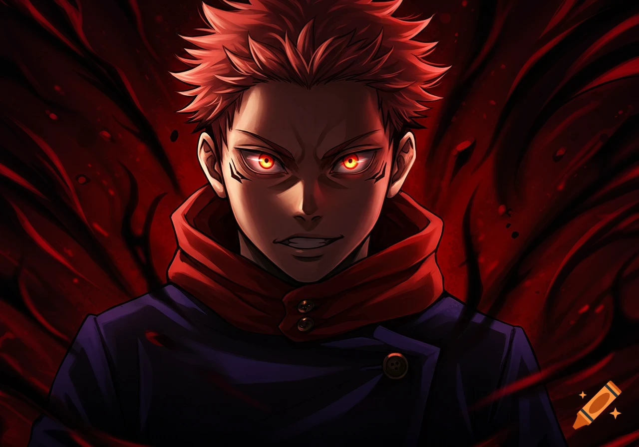 Anime style illustration of Yuji Itadori with spiky red hair, glowing red eyes, and a terrifying expression, against a dark red swirling background.