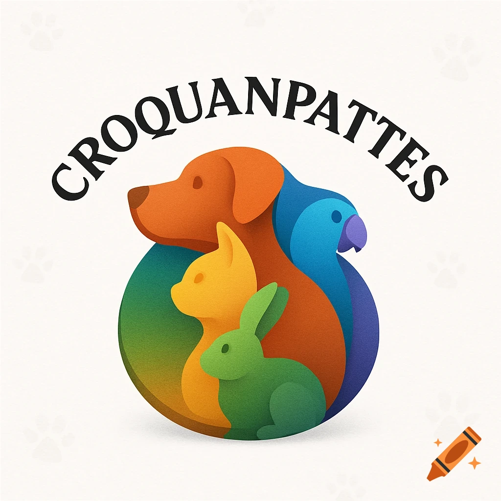 Stylized logo featuring an orange dog, yellow cat, green rabbit, and blue parrot, with the text CROQUANPATTES arched above them.