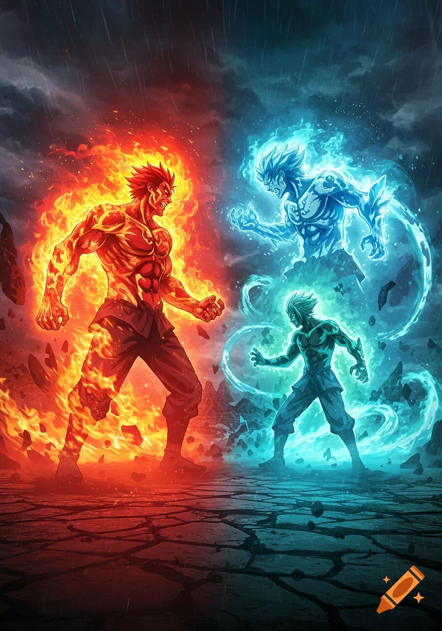 Three anime-style elemental warriors, one fiery red, one icy blue, and one green, clash on cracked ground under a stormy sky.