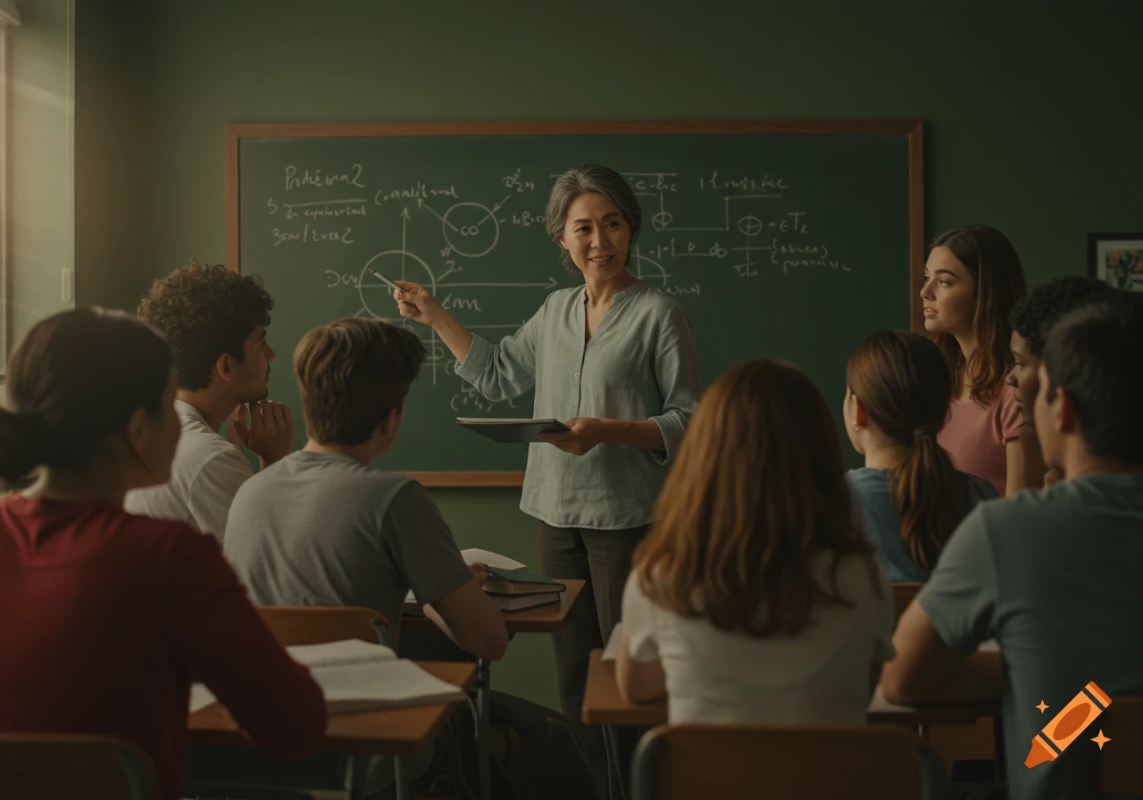 A diverse group of students sits in a classroom while an Asian female teacher points to a blackboard with scientific equations.