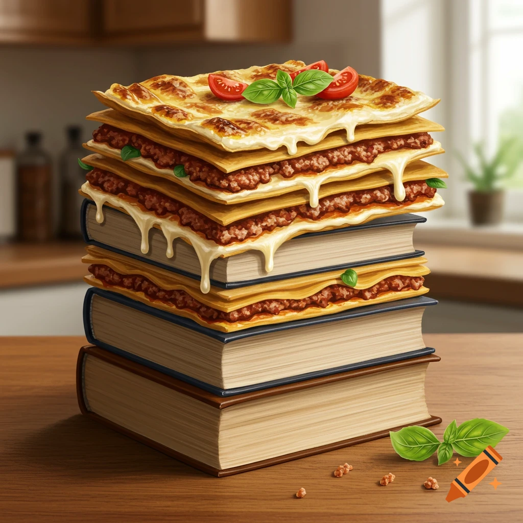 A tall stack of books topped with cheesy lasagna layers, garnished with basil and tomatoes, on a wooden kitchen counter.
