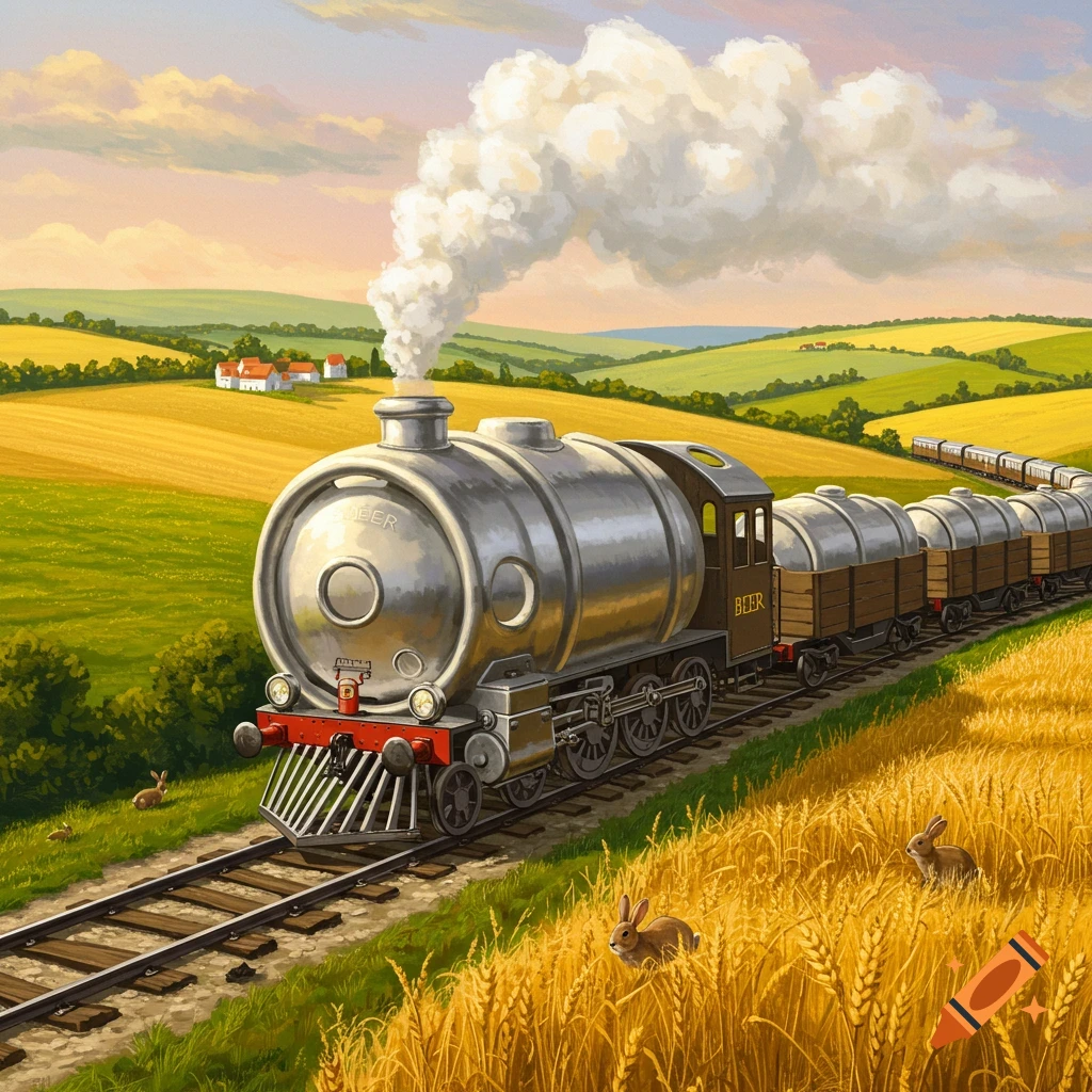 An illustrative painting of a silver 'beer keg' train with 'BEER' written on it, steaming through golden wheat fields with rabbits.