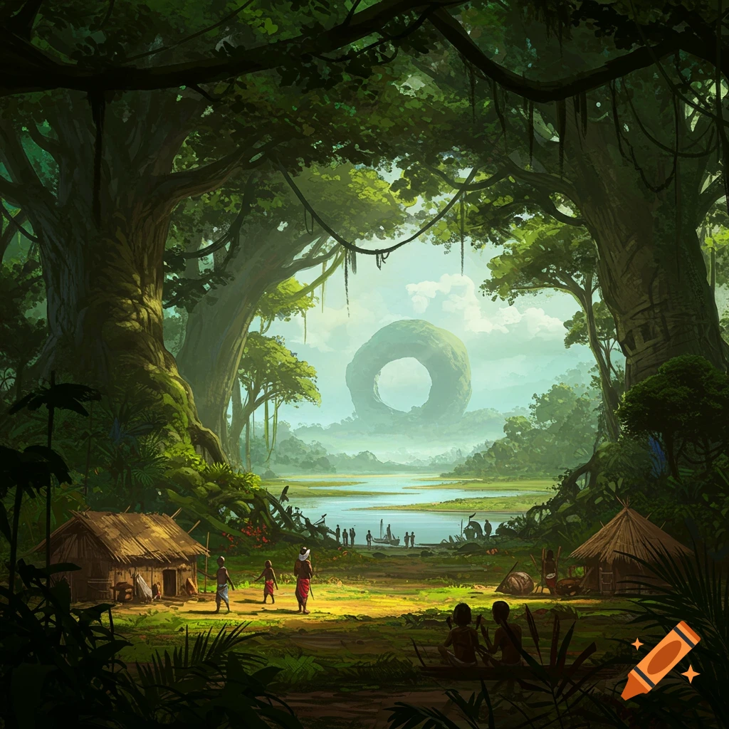 A vibrant digital painting of a lush jungle with huts, indigenous people by a river, and a large ring-shaped ruin in the misty distance.