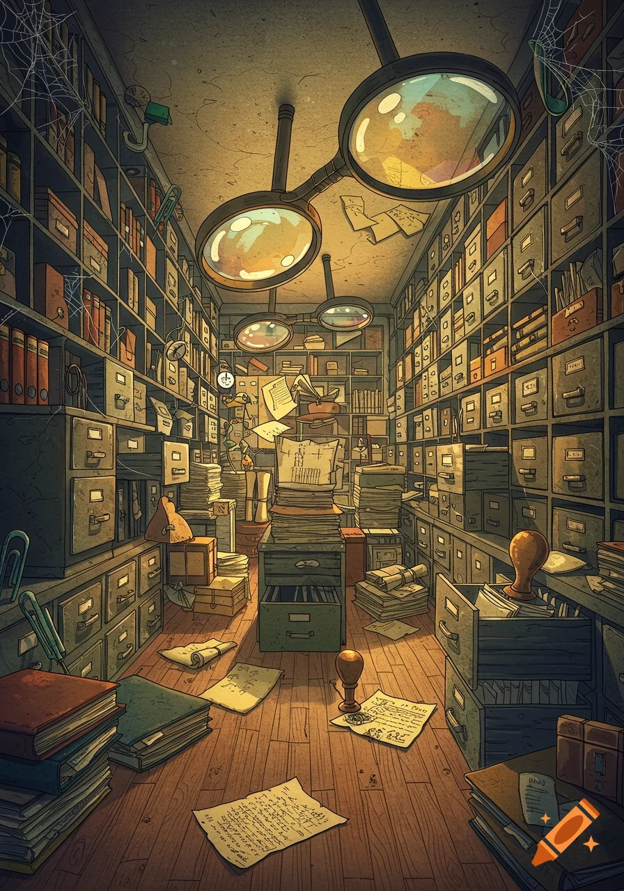 A whimsical illustration of a cluttered, dusty archival room filled with filing cabinets, overflowing paper stacks, and large magnifying glasses.