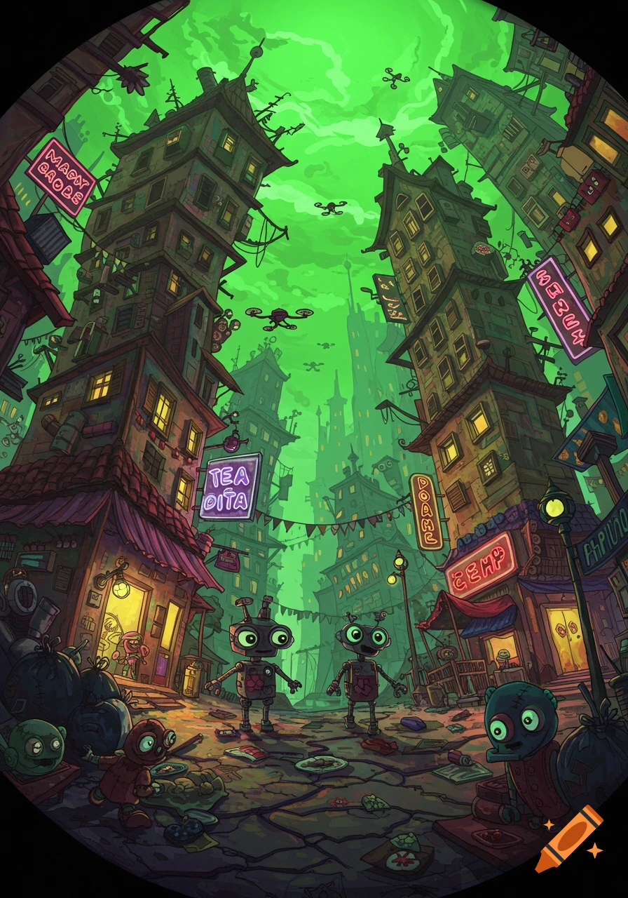 Cartoony dystopian cityscape with tall, rickety buildings, neon signs, two robots in the street, and green sky.