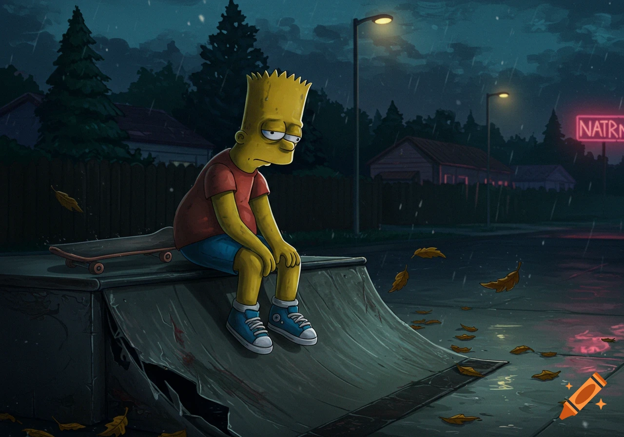 Depressed Bart Simpson sits alone on a skateboard ramp during a rainy night with falling leaves.