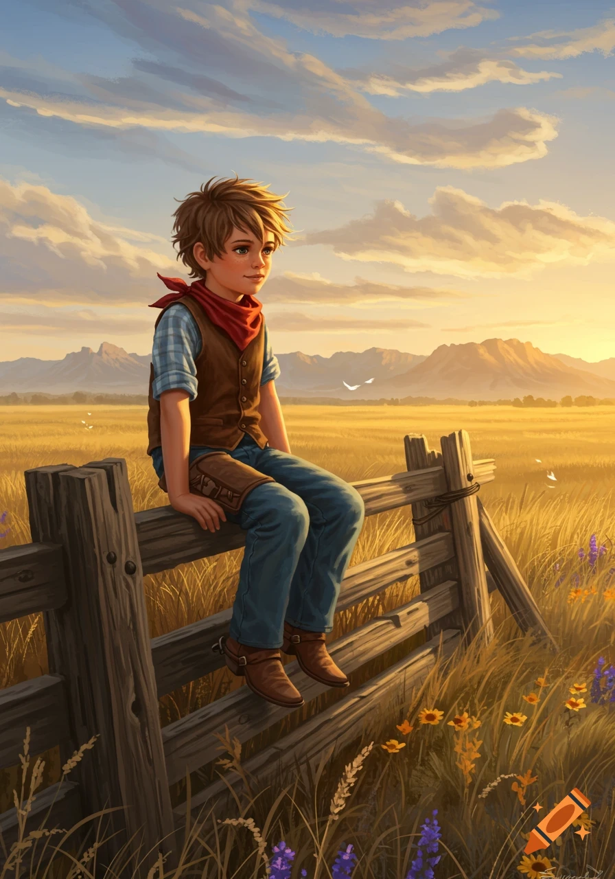Young boy in a red bandana, vest, and jeans sits on a wooden fence in a golden field with mountains at sunset, detailed illustration.