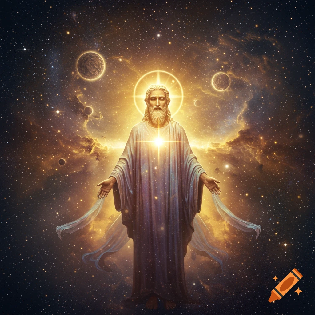 A glowing, robed figure resembling Jesus stands with outstretched arms against a cosmic background of stars, nebulae, and planets.