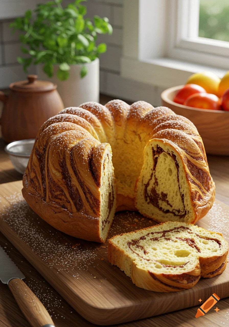 Photorealistic image of a sliced babka cake, dusted with powdered sugar, on a wooden cutting board in a sunlit kitchen.