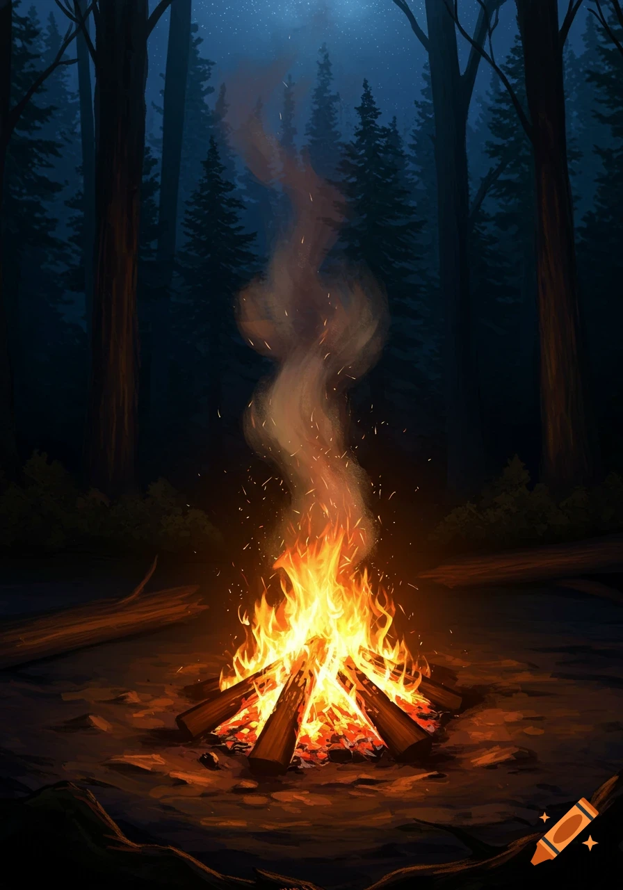 Vibrant campfire burning brightly in a dark forest at night, with tall pine trees and a starry sky.