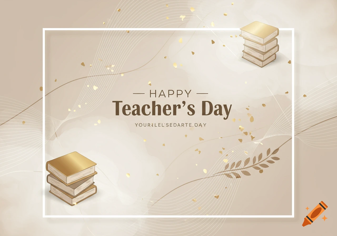 Minimalist beige Teacher's Day greeting card with 'Happy Teacher's Day' text, golden books, and gold confetti.