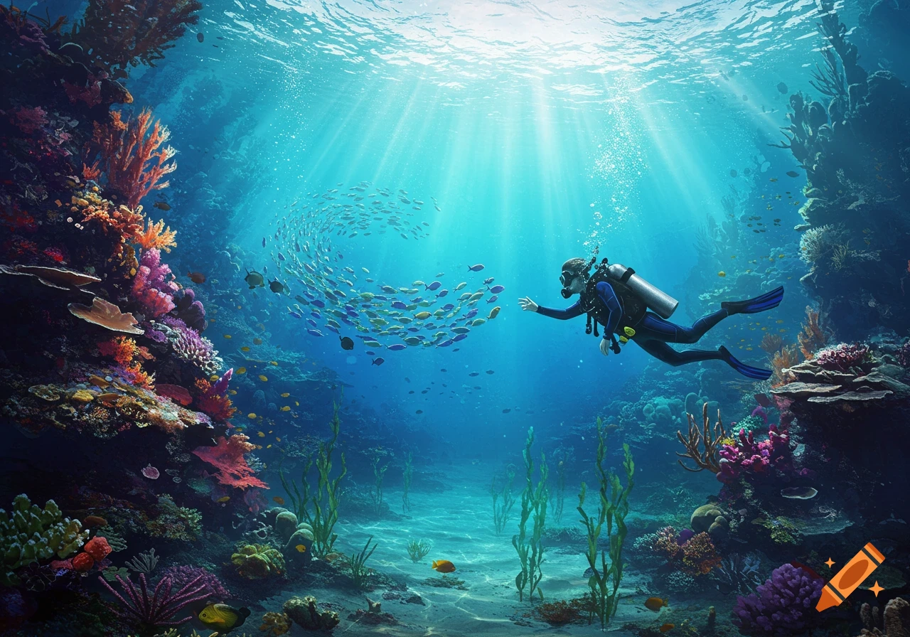 A photorealistic image of a scuba diver swimming towards a school of fish amidst vibrant coral reefs, with sunlight beaming from the ocean surface.