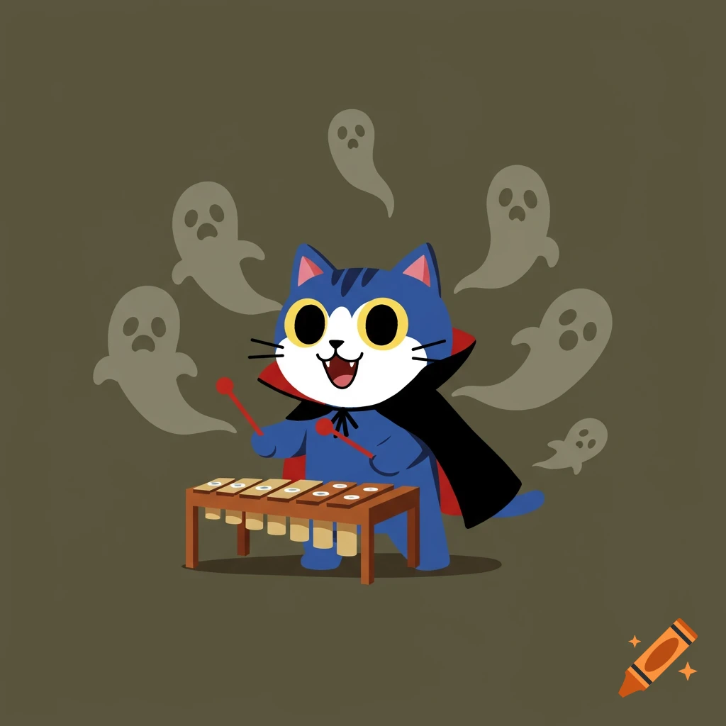 A cartoon blue cat dressed as a vampire plays a xylophone, surrounded by six floating white ghosts on a dark background.