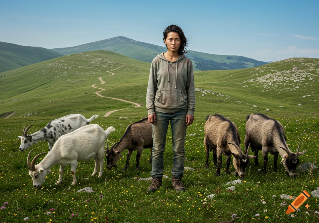 A young woman, a goat herder, stands confidently in a vast green mountain pasture with grazing goats. Photorealistic.