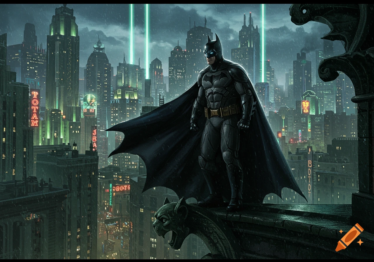 Batman stands on a gargoyle, cape flowing, overlooking a rainy, neon-lit Gotham City skyline at night.