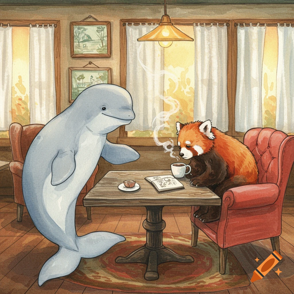 Watercolor illustration of a beluga whale standing by a table with a sad red panda drinking coffee in a cozy coffee shop.