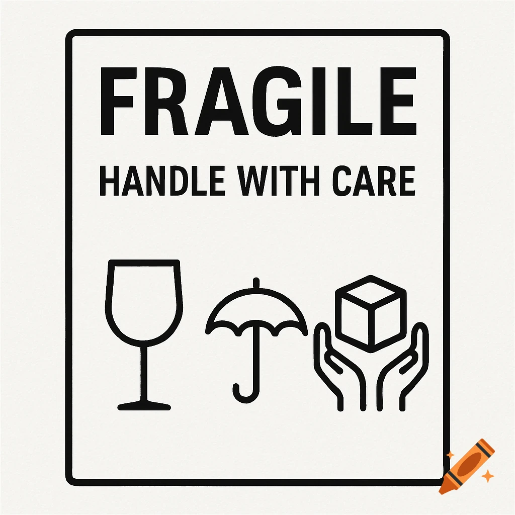 A white shipping label with black text "FRAGILE HANDLE WITH CARE" and icons of a wine glass, an umbrella, and hands holding a box.