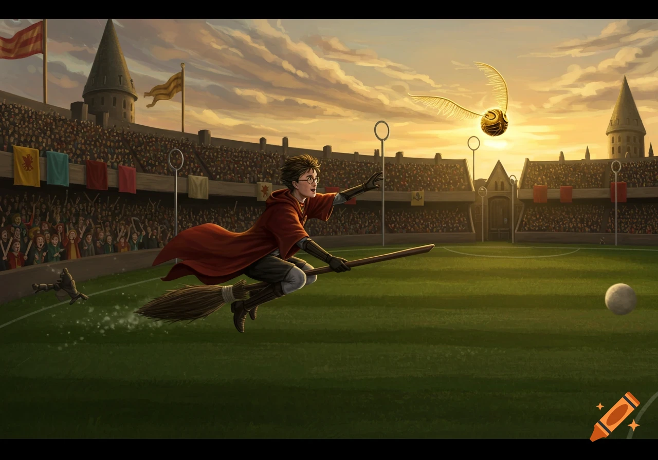 Harry Potter flies on a broomstick, reaching for the Golden Snitch during a Quidditch match in a crowded stadium at sunset.