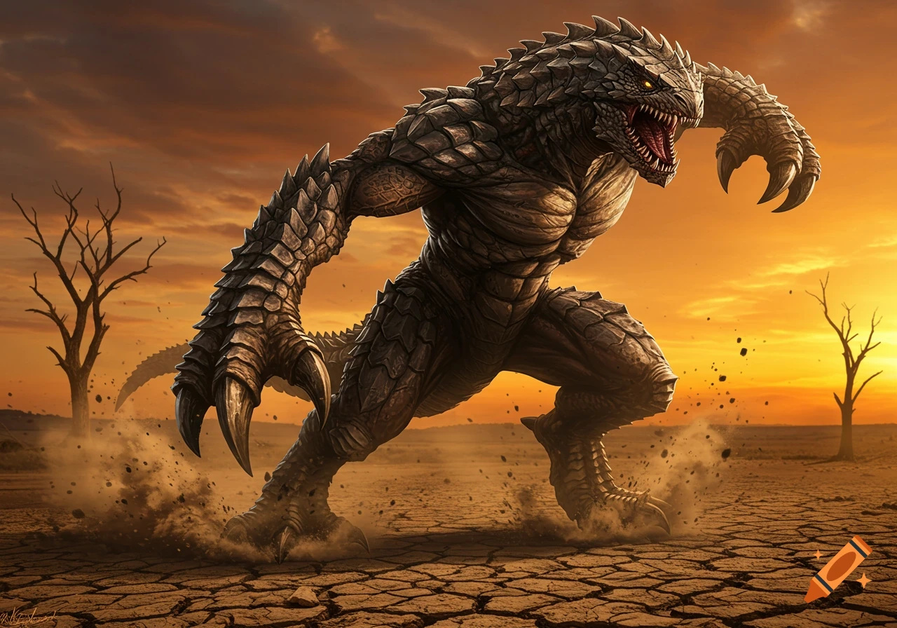 A powerful, scaly monster with sharp claws and teeth runs on cracked earth under an orange sky, barren trees in the distance. Fantasy art style.