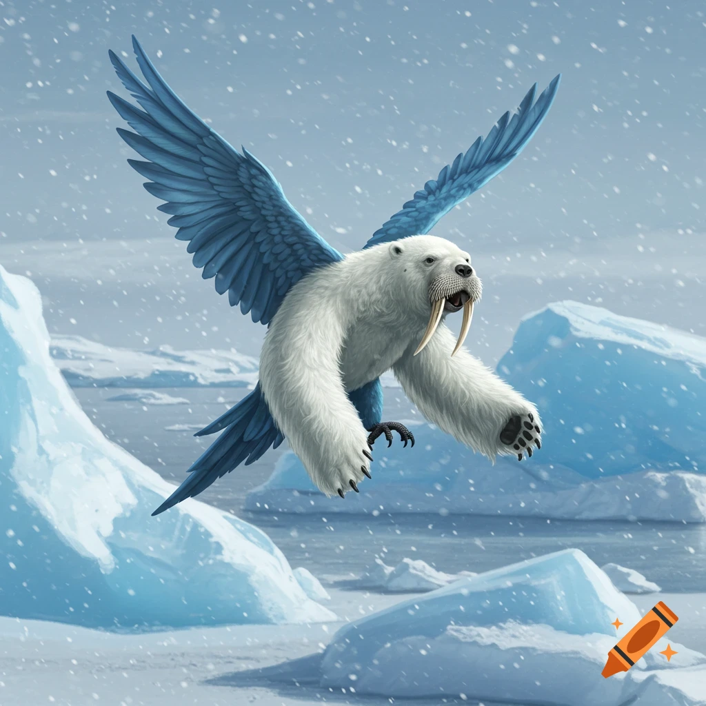 A fantastical white, furry creature with walrus tusks and blue macaw wings flies through a snowy arctic landscape with icebergs, digital art.
