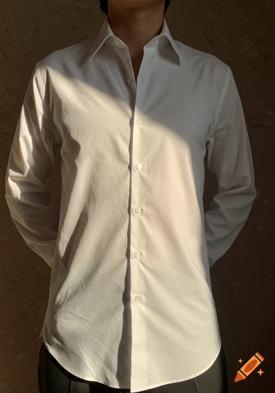 Torso of a person wearing a white button-up shirt and dark pants, with dramatic lighting casting shadows.