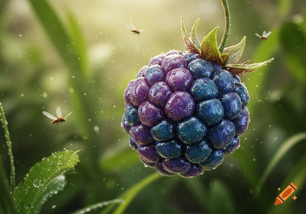 A large, dewy berry with purple and blue segments hangs in a garden as small winged insects fly around it.