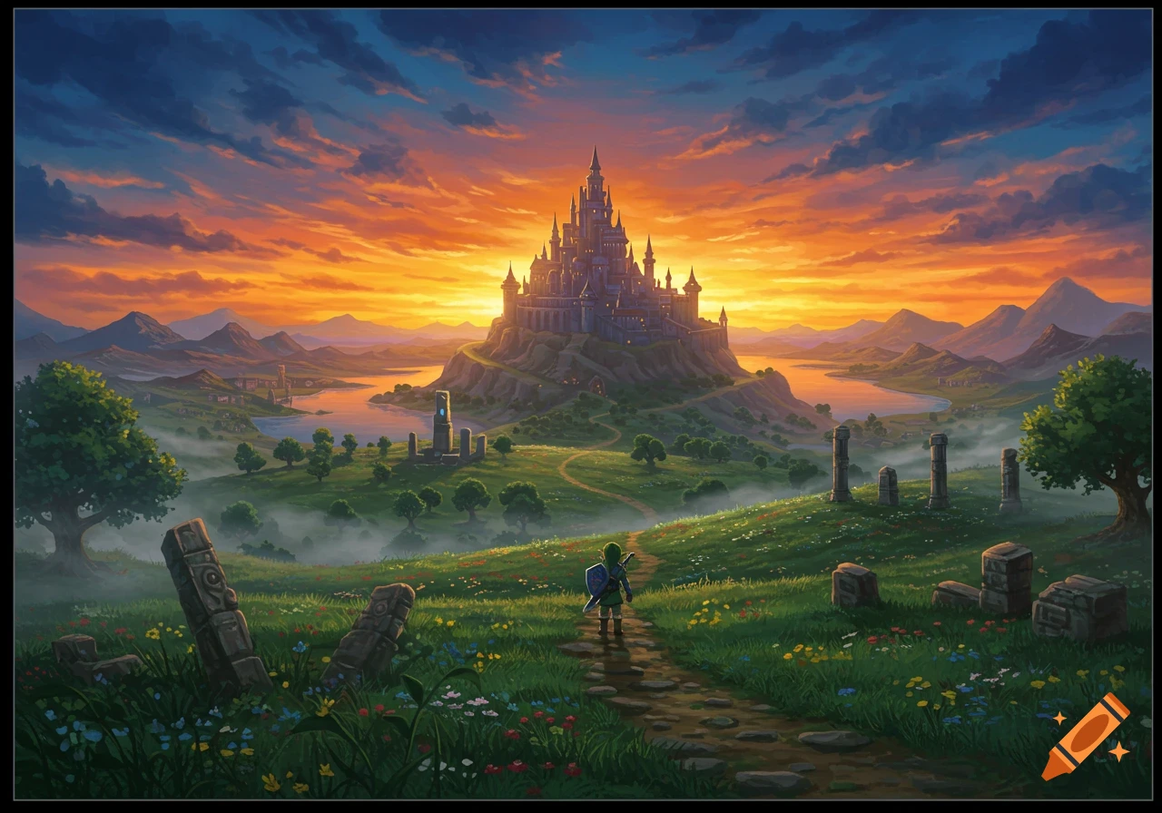 A fantasy landscape resembling Hyrule with a hero on a path leading to a grand castle at sunset.
