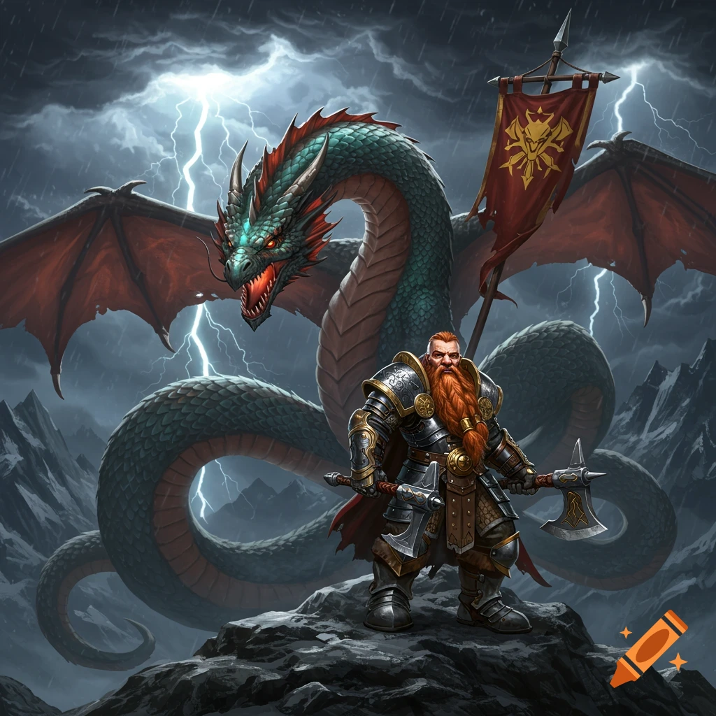 A dwarf warrior with a red beard and axes stands on a rocky mountain, backed by a large green dragon under a stormy, lightning-filled sky.