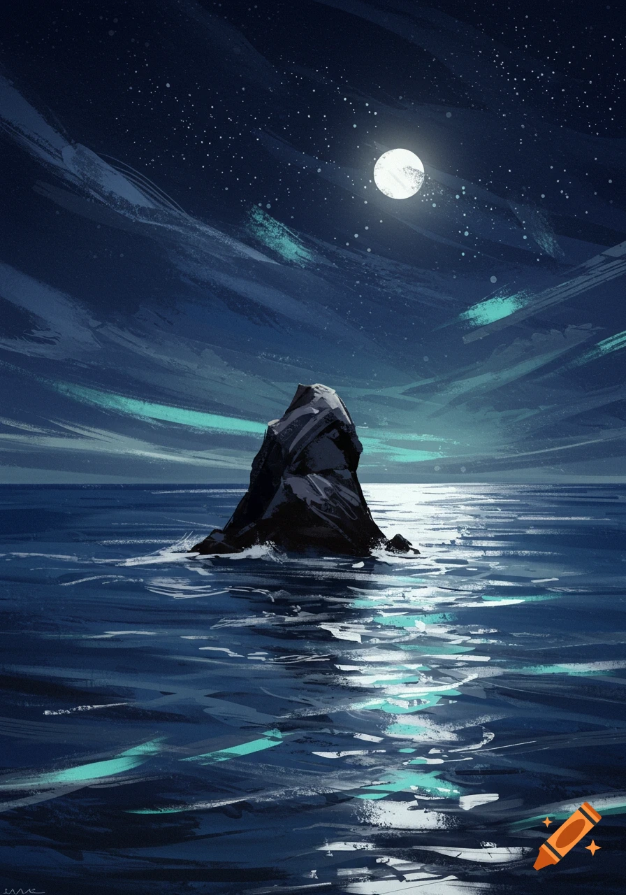 Abstract brushstroke art of a large rock in a dark, wavy sea under a bright full moon and starry night sky.