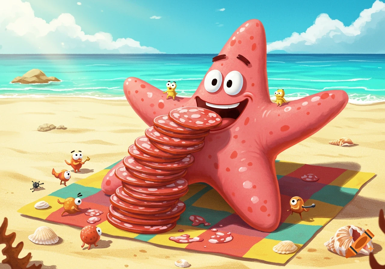A happy, cartoonish pink starfish resembling Patrick Star eats a tall stack of salami slices on a sandy beach with small creatures.