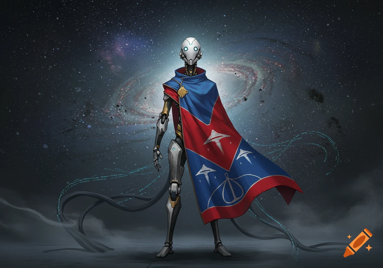A humanoid robot in a red and blue cape with starship symbols stands against a cosmic galaxy background.