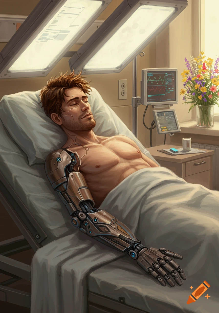 A man with a cybernetic arm rests in a hospital bed, medical monitors and flowers nearby. Digital art style.
