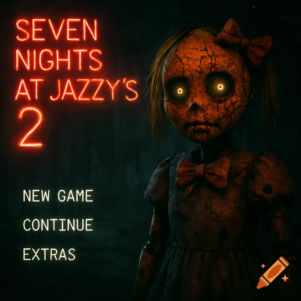 A horror video game menu screen with neon red text 'Seven Nights at Jazzy's 2' and a creepy, cracked animatronic doll with glowing eyes.