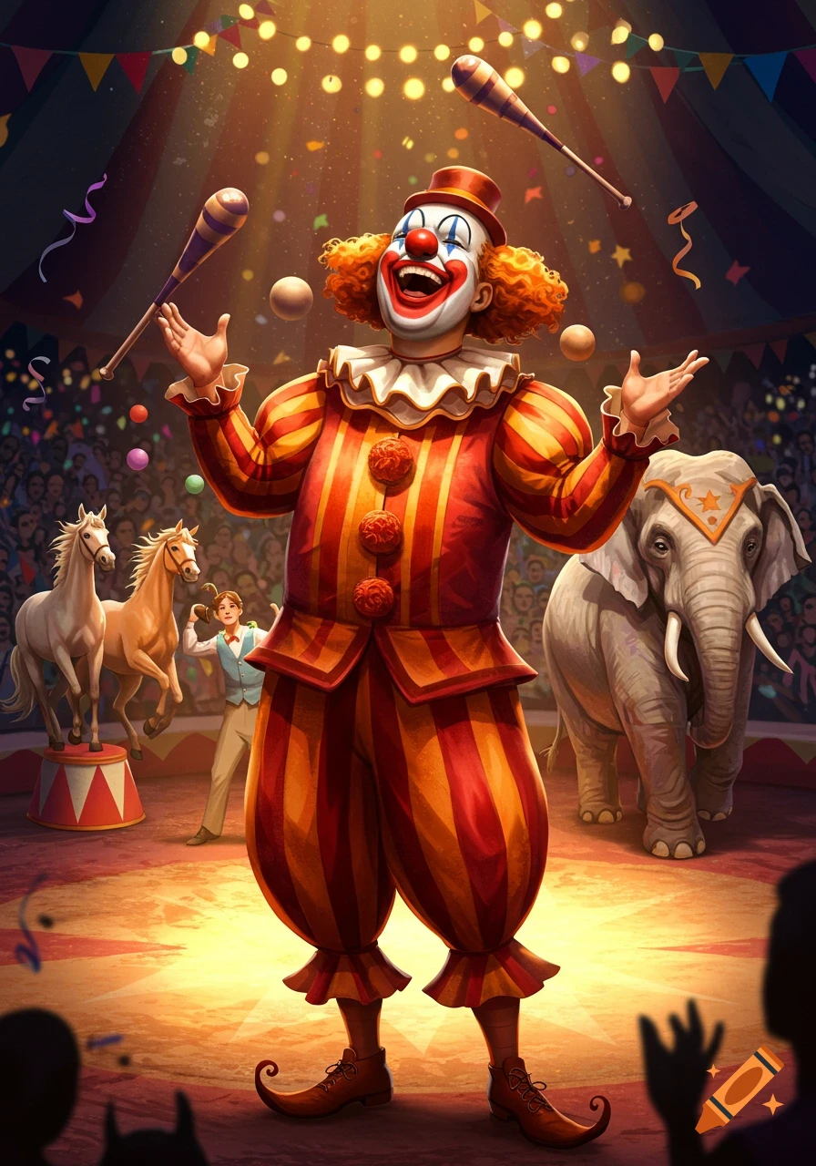 A cheerful clown juggles in a vibrant circus ring, surrounded by horses, an elephant, and a performer, in a detailed illustration.
