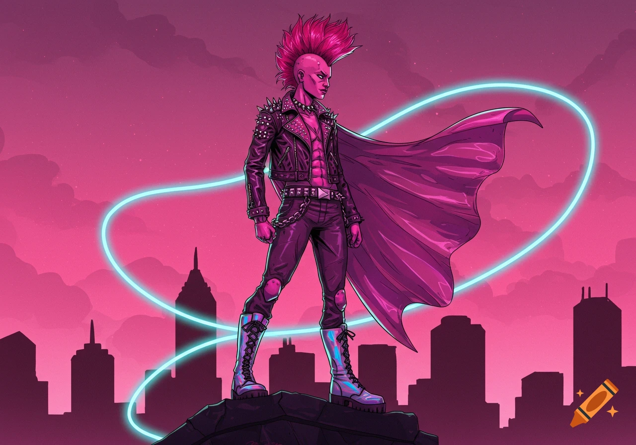A pink-skinned punk superhero with a mohawk, leather jacket, and cape stands on a rooftop against a pink neon cityscape.
