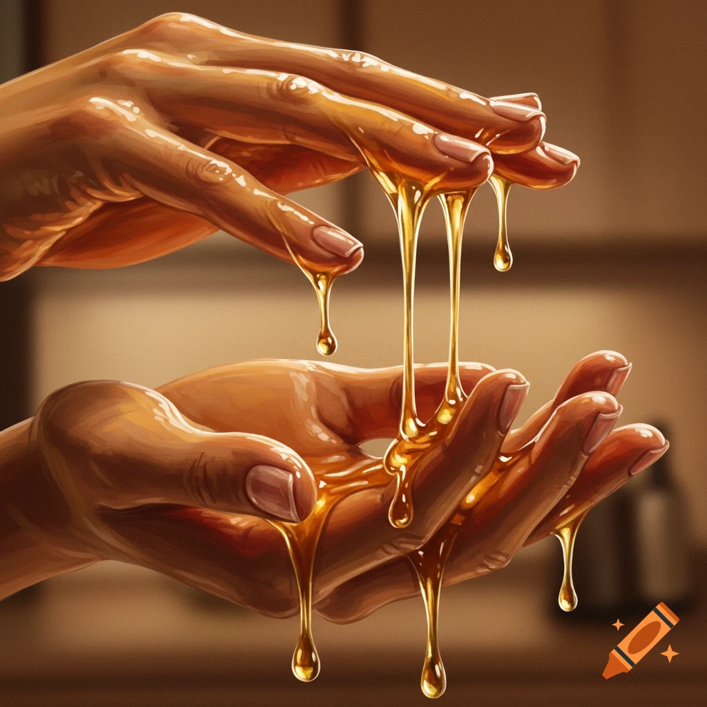 Two hands with golden, sticky syrup dripping between them, against a warm brown background.