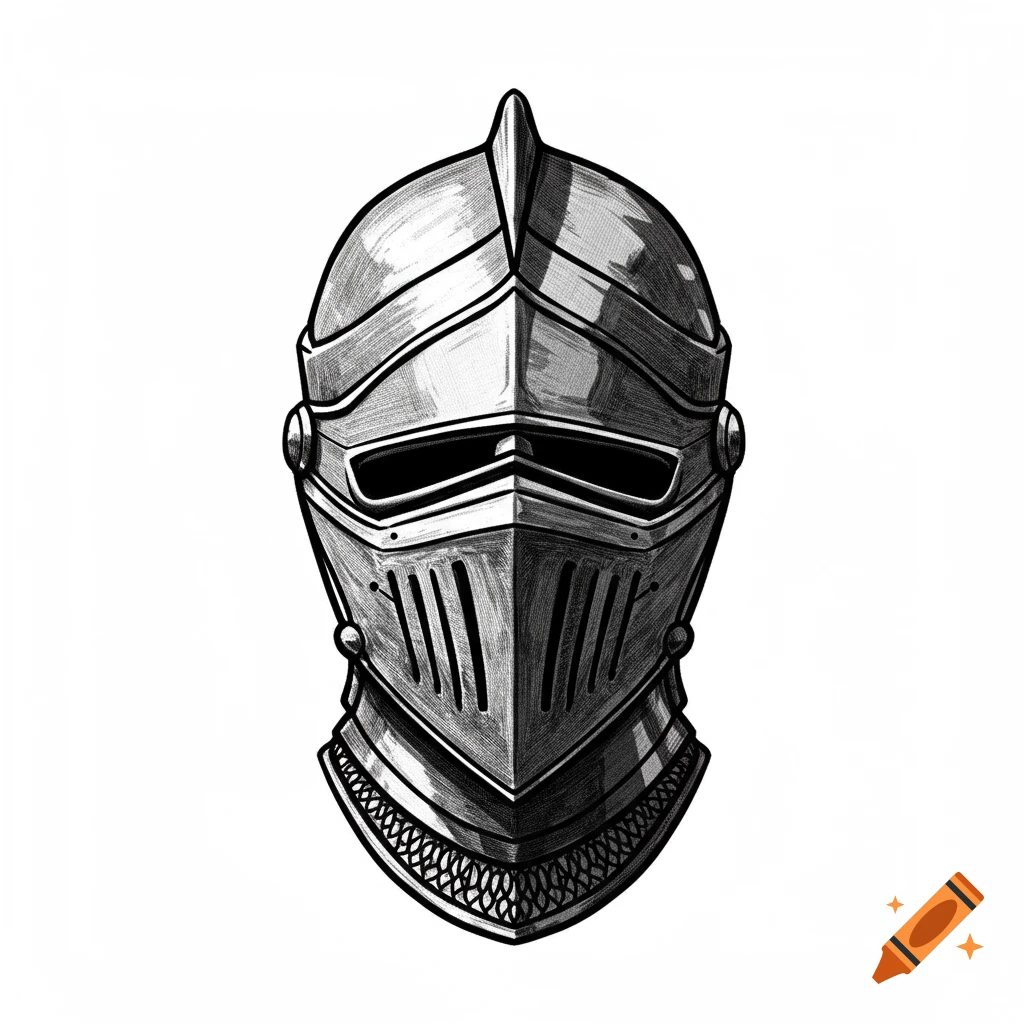 Black and white line illustration of a medieval knight helmet.