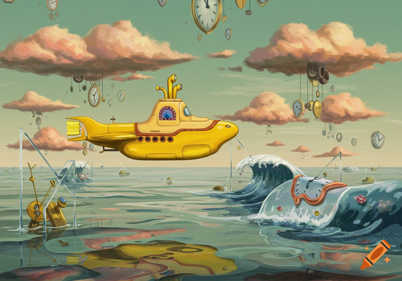 A surreal painting inspired by Dali, featuring a yellow submarine floating over a melting ocean with clocks suspended in the sky.