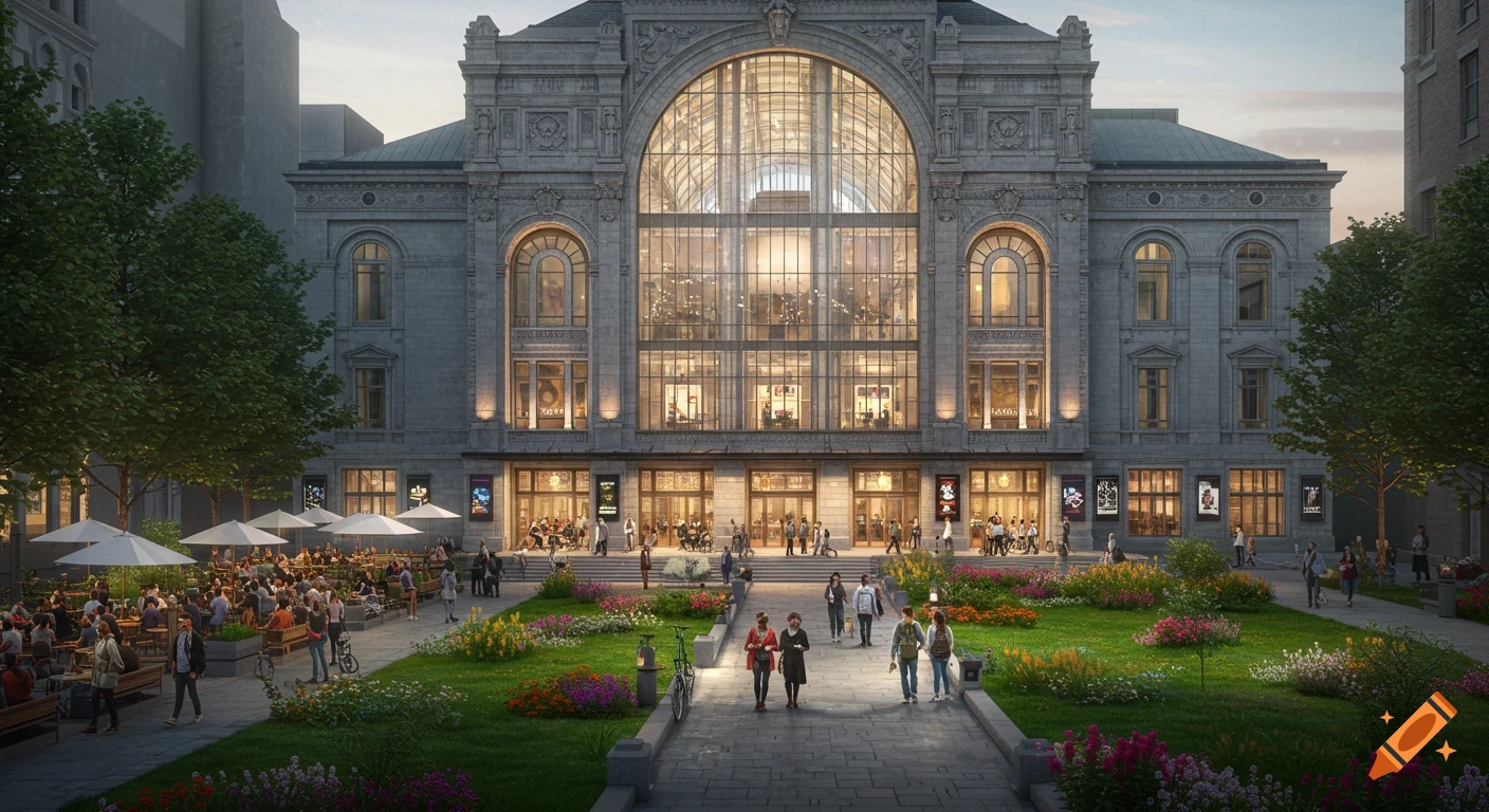 A grand, ornate building with a glass arch and facade, fronted by a green plaza with people dining at outdoor cafes.