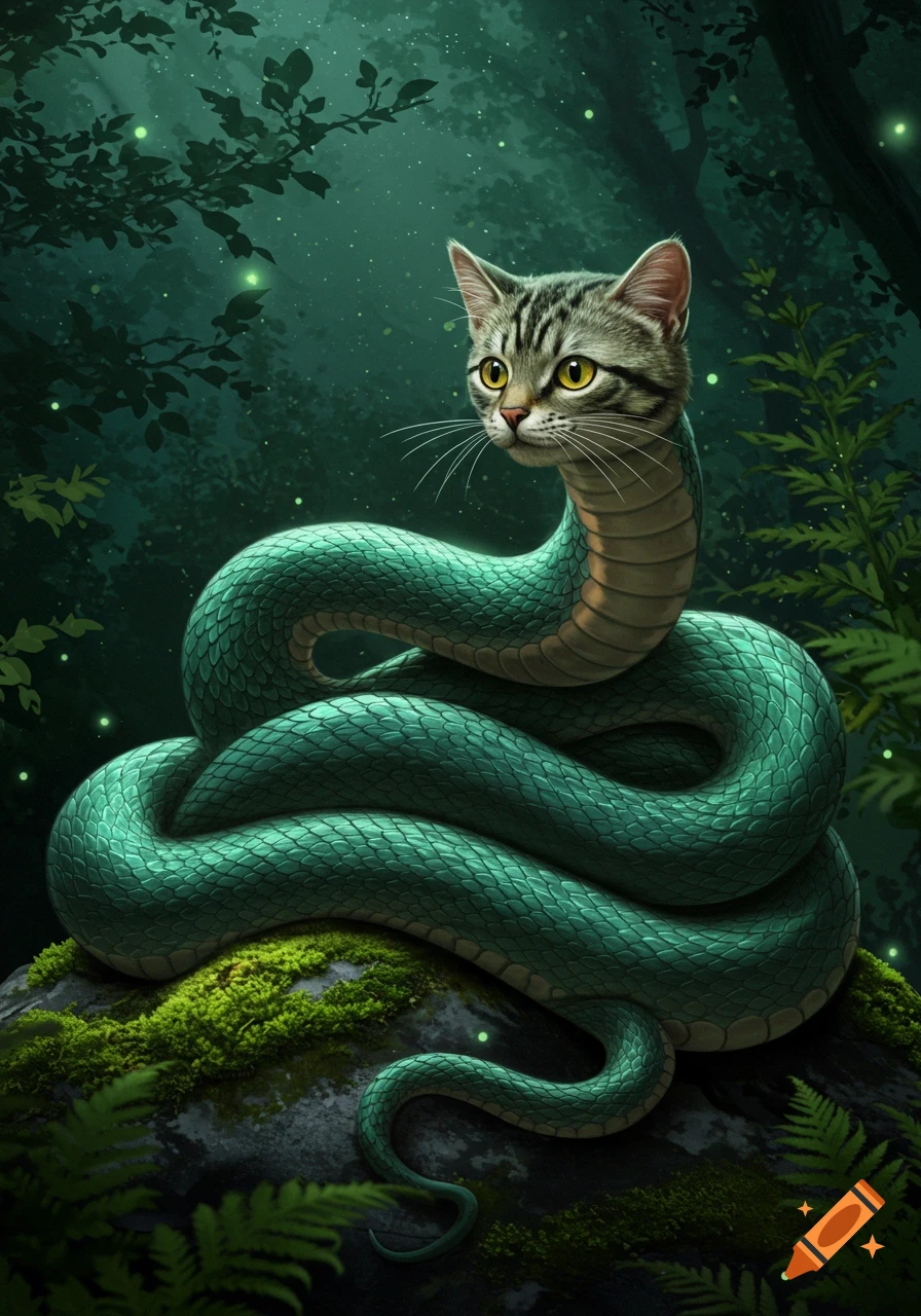 Detailed illustration of a cat-headed snake creature coiled on a mossy rock in a dark, glowing forest.