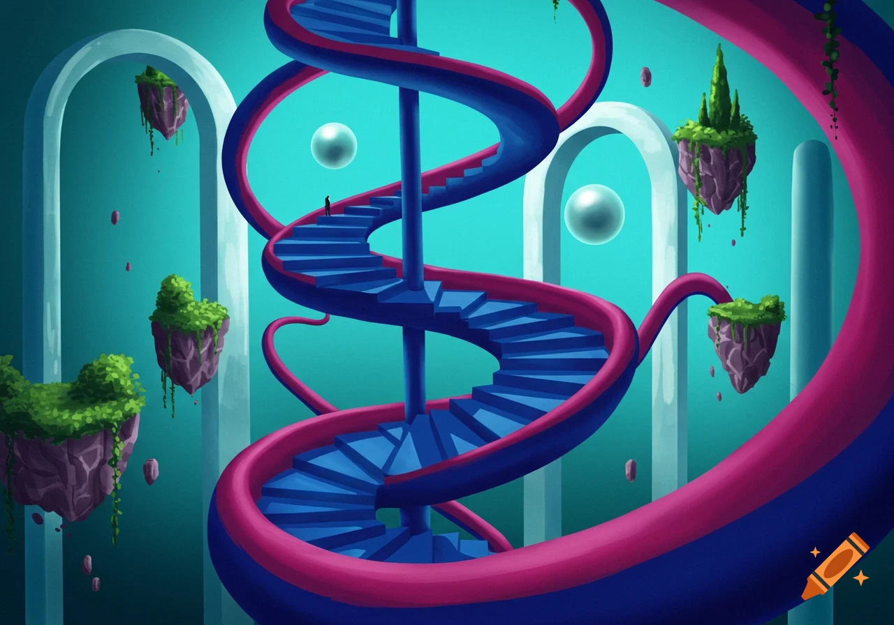 A vibrant surreal landscape with a giant blue and pink spiral staircase, floating islands with greenery, and white arches against a teal sky.