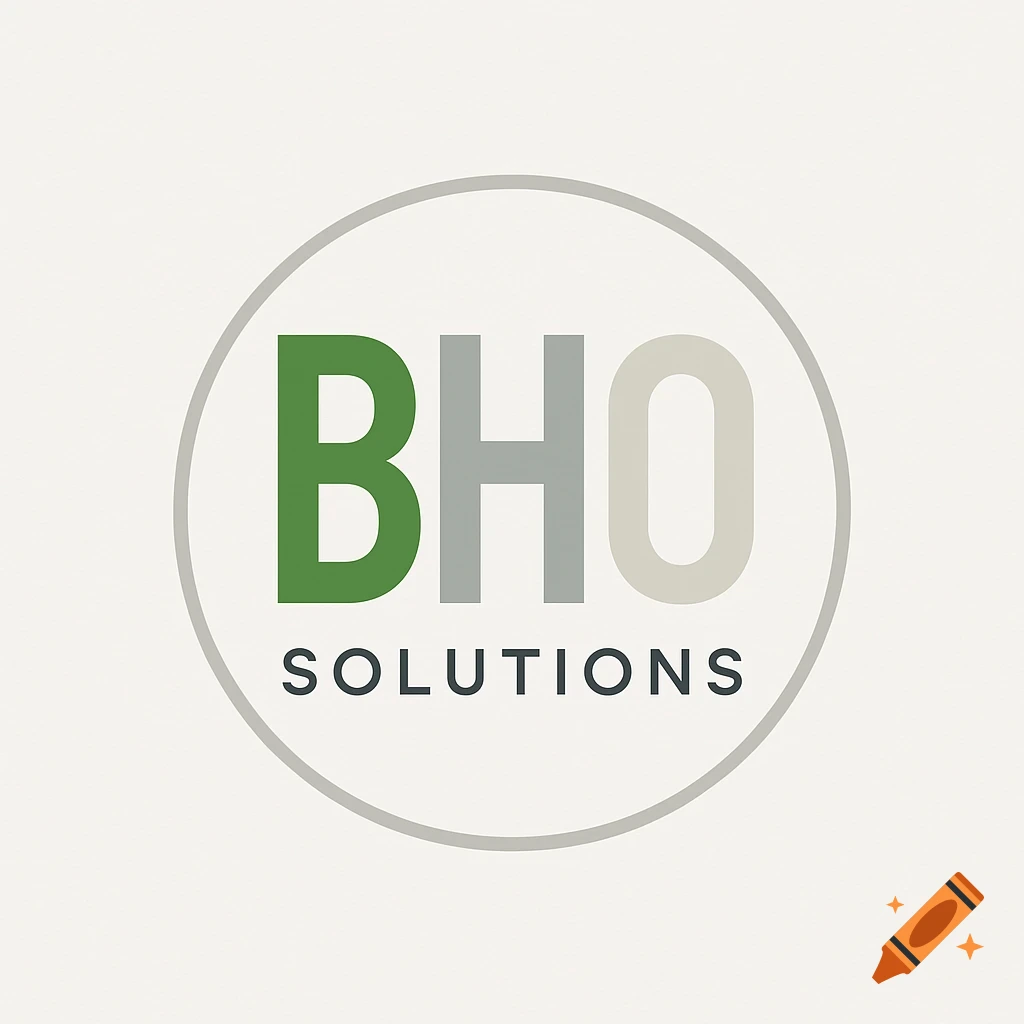 A minimal logo with the letters "BHO" in green and gray, and "SOLUTIONS" below it, all contained within a gray circle on a light off-white background.