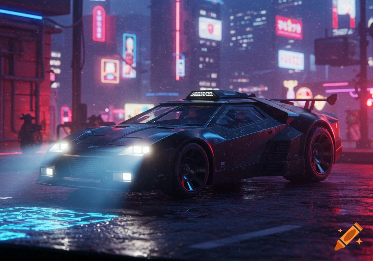 A sleek, dark futuristic car with glowing headlights on a wet street in a neon-lit cyberpunk city at night.